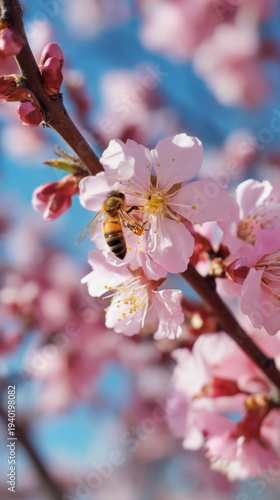 Bee resting on cherry blossom flowers with soft blue sky background in spring