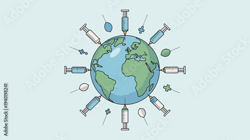 Vector illustration of earth surrounded by medical syringes and pills on a light blue background symbolizing global health and medicine
