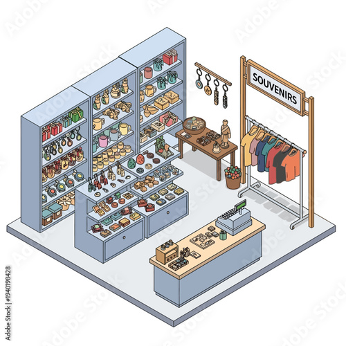 Isometric view of a souvenir shop with shelves, a counter, and clothing.
