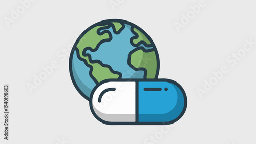 Earth globe with a blue and white medical capsule symbolizing global health and medicine