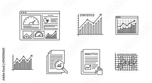 Business analytics and statistics icons for data driven decision making