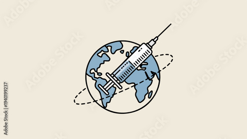 Minimal vector illustration of a syringe injecting globe symbolizing global health and vaccination efforts worldwide