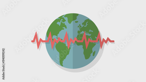 Minimalist flat design icon featuring a green earth globe with a red ecg heartbeat line on a light gray background