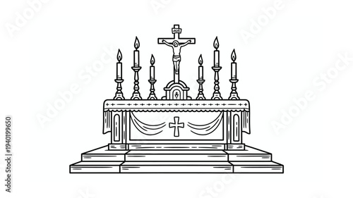 Religious Altar with Crucifix and Candles Illustration.
