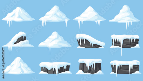 Diverse collection of pixel art snow piles and icy rocks adorned with icicles, perfect for winter game environments on a blue background.