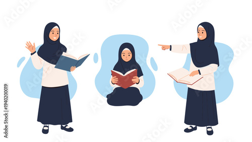 Three Muslim girls in hijabs showcasing diverse poses: waving, reading, and pointing with books, symbolizing learning and communication.