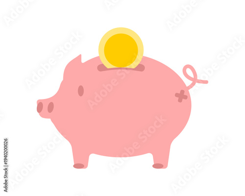 Pink piggy bank with golden coin savings icon flat vector design