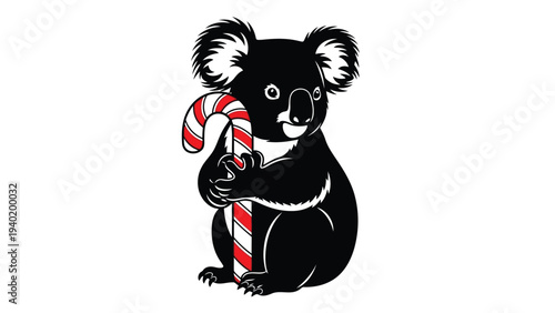 Christmas koala character holding candy cane in black and white illustration with red accent