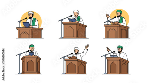 Collection of six Muslim men delivering sermons or speeches from a podium, depicting various expressions and postures of public speaking.