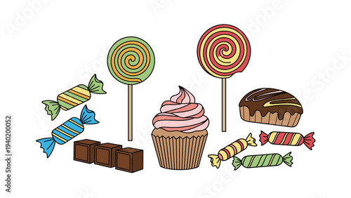 Vibrant collection of colorful candies, lollipops, cupcakes, and chocolates, perfect for sweet treats and confectionery themes.