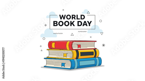 Vibrant illustration of a stack of colorful books with the text "WORLD BOOK DAY" and clouds, celebrating literacy and reading.