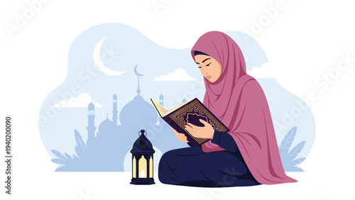 Muslim woman in hijab sits gracefully, reading the Holy Quran, with a lantern and mosque in the serene background.