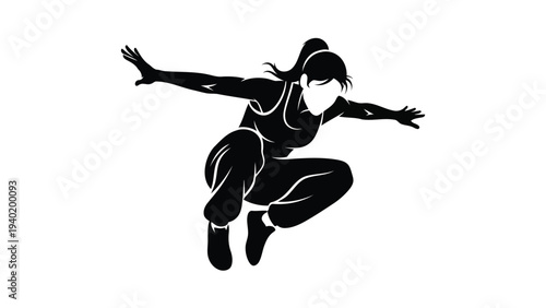Dynamic young woman jumping in athletic wear on white background, active lifestyle illustration