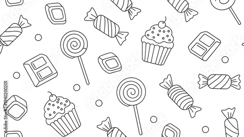 Delightful seamless pattern featuring candies, lollipops, cupcakes, and chocolates in a clean and charming line art style.