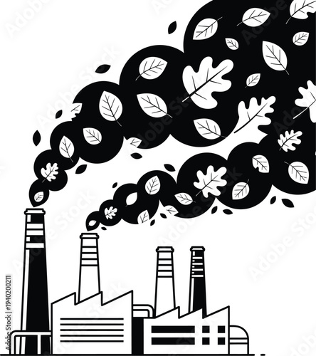 Minimalist black and white factory emitting leaf smoke Vector