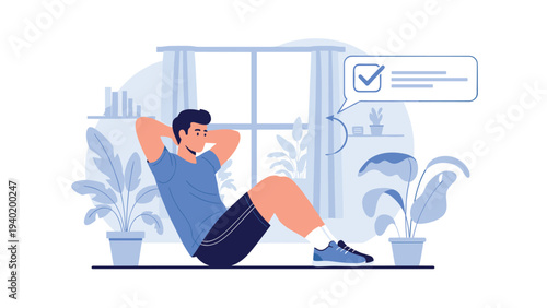 Man diligently performs sit-ups in a refreshing indoor setting, surrounded by plants, successfully achieving his fitness goals.