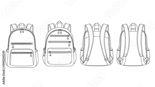 Detailed line art blueprints of a backpack presented from four different angles, ideal for design and technical drawings.