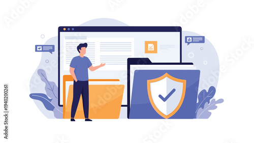 Man stands beside open folders, one featuring a shield and checkmark, symbolizing robust data security and efficient file management.