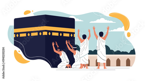 Muslim pilgrims reverently perform Hajj or Umrah around the sacred Kaaba in Mecca, symbolizing a profound Islamic pilgrimage.