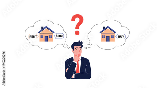 Man contemplates the significant decision of whether to rent or buy a house, weighing financial implications and lifestyle choices.