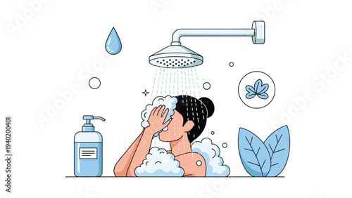 Woman enjoys a refreshing shower with shampoo and falling water droplets, symbolizing personal hygiene and self-care routine.