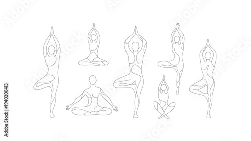 Collection of Yoga Poses Line Art Illustration.