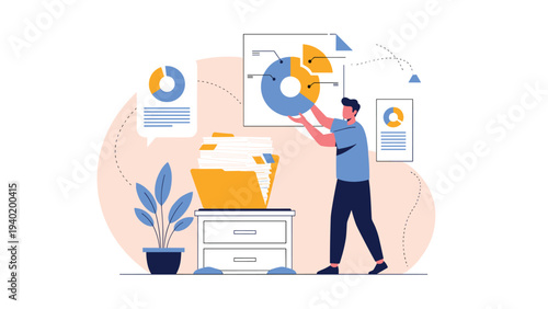 Man efficiently organizes and analyzes data, manipulating a pie chart, surrounded by folders and documents, symbolizing data management.