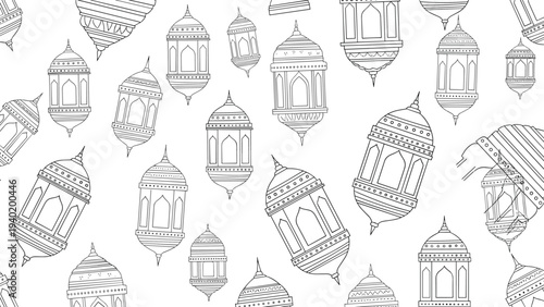 Elegant seamless pattern featuring traditional Islamic lanterns in a detailed and intricate line art style.
