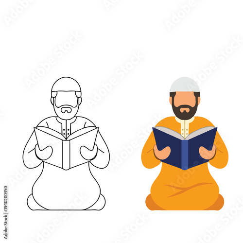 Muslim man reading holy Quran line and color illustration. Islamic man sitting and holding holy book flat vector. Religious male character reading Quran set.