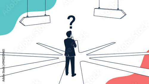 Businessman stands at a crossroads, pondering numerous diverging paths with a question mark overhead, symbolizing complex decision-making.