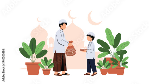 Muslim man and child exchange gifts or Zakat in front of a mosque silhouette, symbolizing generosity during Ramadan or Eid.