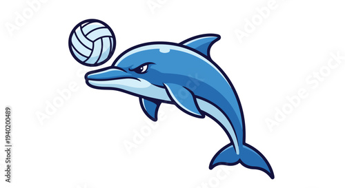 A cartoon blue dolphin jumping and hitting a volleyball with its nose on a white background with bold lines and bright colors.