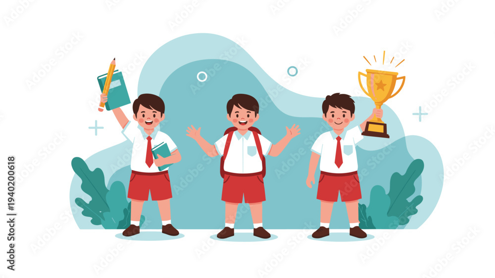 Fototapeta premium Three cheerful schoolboys in uniform, one with books, one celebrating, and one holding a trophy, representing academic success and achievement.