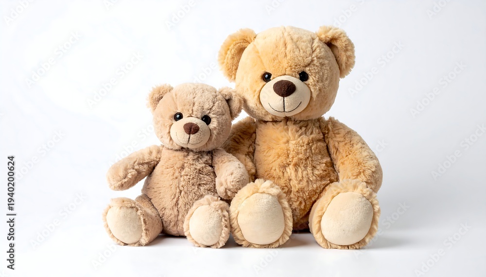 Fototapeta premium Two adorable teddy bears sitting together on a white background.