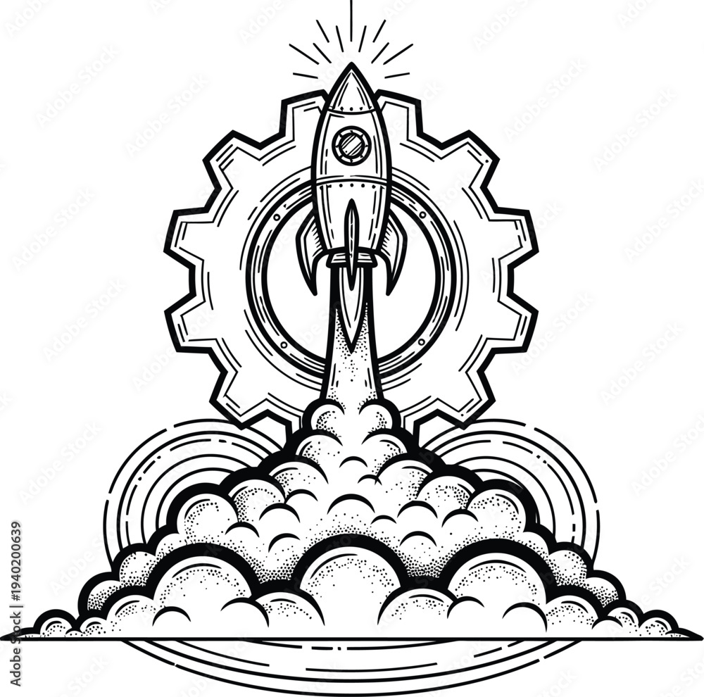 Fototapeta premium Hand-drawn astronaut launching into space with gear and clouds Vector