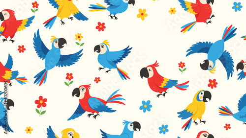 Vibrant seamless pattern featuring an array of colorful macaws and delicate flowers, creating a joyful and tropical design.