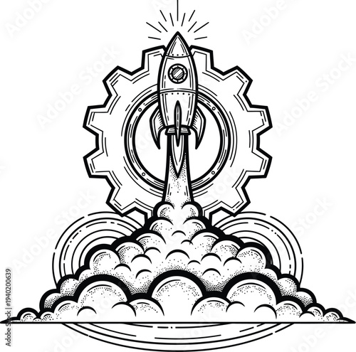 Hand-drawn astronaut launching into space with gear and clouds Vector