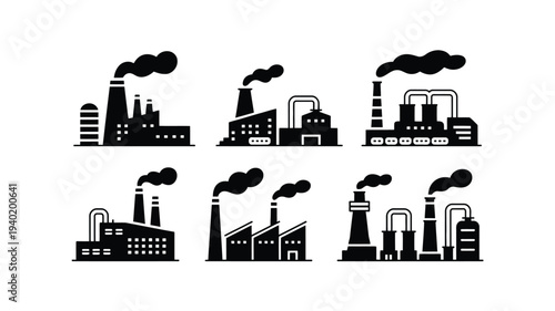 Set of Industrial Factory Silhouettes with Smoke Emitting from Chimneys.