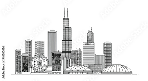 Grayscale illustration of a city skyline with skyscrapers, a ferris wheel, and domed buildings against a white background.