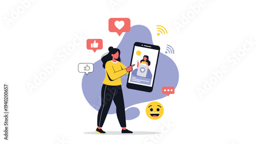 Woman interacts enthusiastically with a large smartphone showcasing various social media elements, emphasizing online communication and digital engagement.