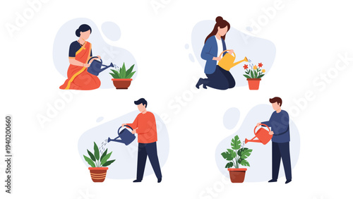 Diverse set of four individuals, two men and two women, diligently watering various potted plants, illustrating mindful gardening and plant care.