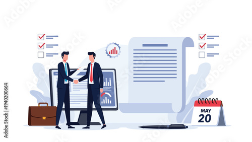 Two determined businessmen shake hands firmly, with a prominent contract and checklist in the background, symbolizing a successful business agreement and partnership.