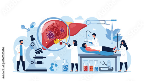Medical professionals meticulously examine a magnified liver infected with viruses, symbolizing crucial research and treatment development for liver diseases.