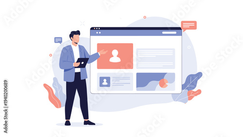 Man confidently presents data and user profiles on a large web page, symbolizing effective online marketing, web development, and digital presentation.