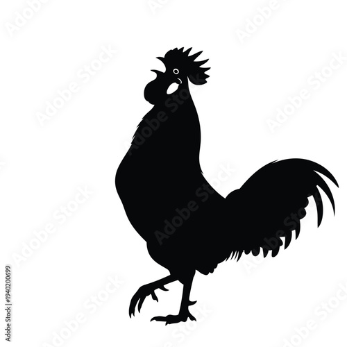 Black silhouette rooster illustration standing proudly on white background