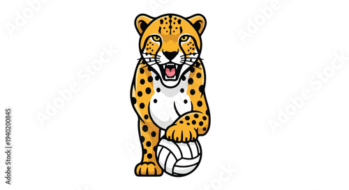 A cartoon cheetah holding a volleyball with its mouth open in a playful pose against a plain white background.
