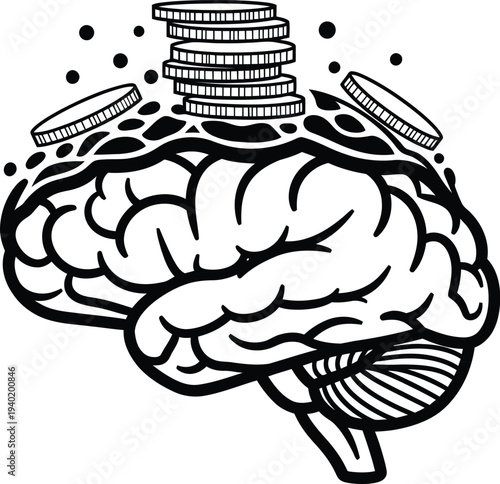 Minimalist brain with stacked coins and feather Vector