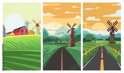 Flat vector illustration set of rural farmland, countryside roads, and rustic landscapes with windmills, barns, and green fields.
