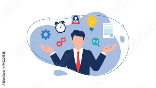 Dynamic businessman skillfully juggles various business elements including a clock, lightbulb, gears, and documents, symbolizing effective multitasking and time management.