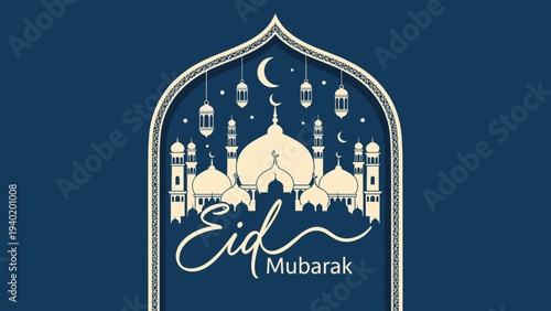 Elegant "Eid Mubarak" greeting design featuring a majestic mosque and intricate lanterns encased within an ornate arch, set against a deep blue background.